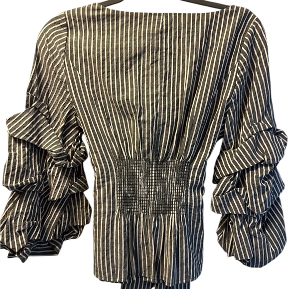 White House Black Market Black & White Striped Blouse with Ruffle Sleeves - Picture 2 of 4